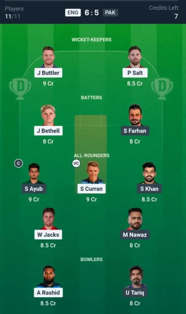 ENG VS PAK Dream11 Prediction Grand League Team
