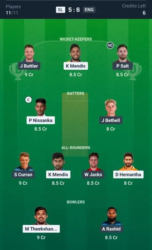 ENG VS SL Dream11 Prediction Grand League Team