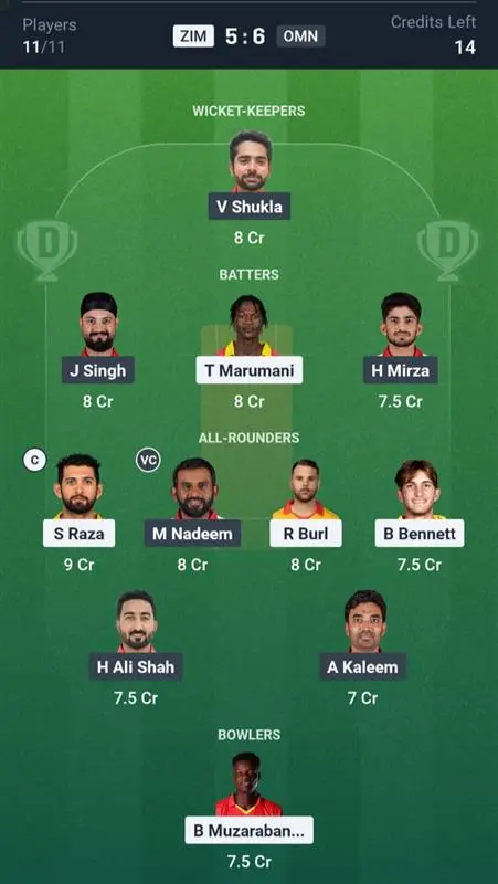 ZIM VS OMN Dream11 Prediction Grand League Team: