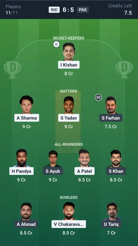 IND VS PAK Dream11 Prediction Grand League Team