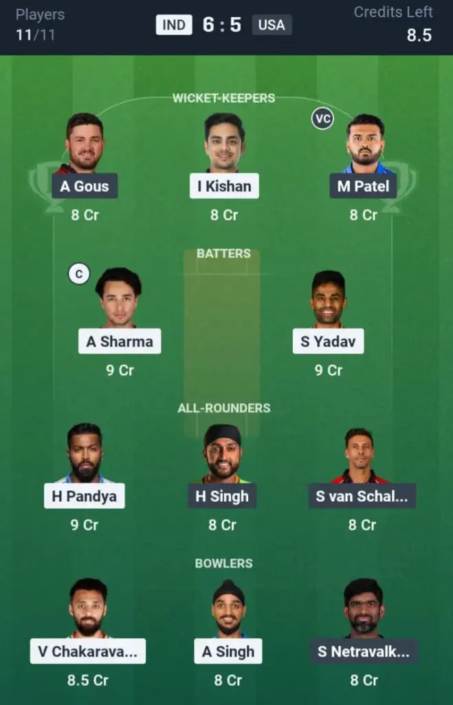 IND VS USA Dream11 Prediction Grand League Team