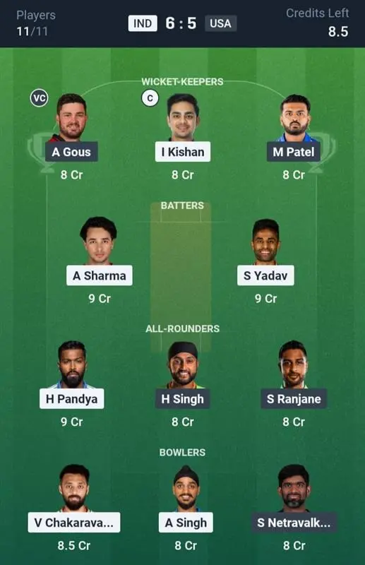 IND vs USA Dream11 Prediction Small League Team
