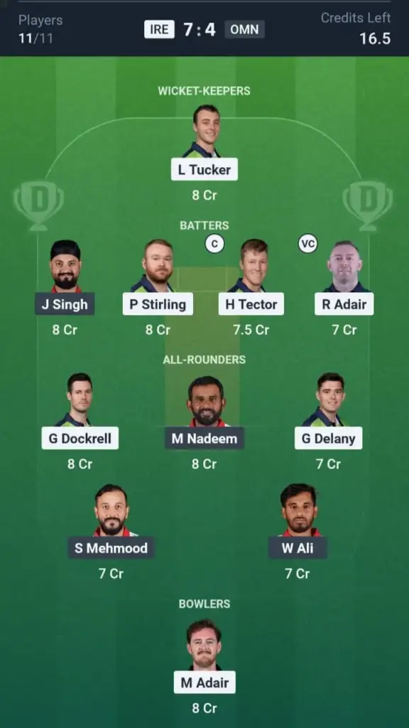 IRE VS OMN Dream11 Prediction Grand League Team