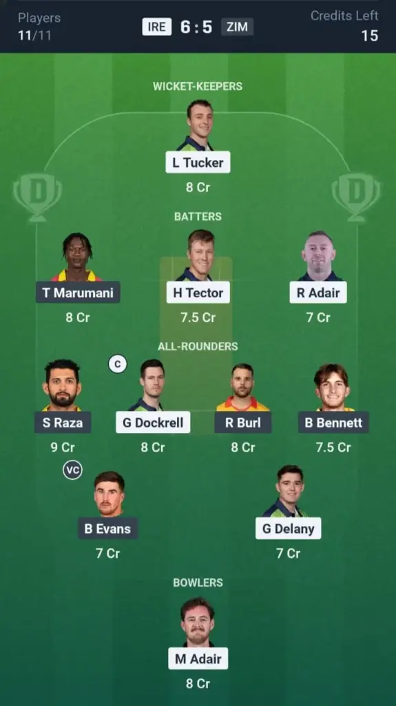 IRE VS ZIM Dream11 Prediction Grand League Team