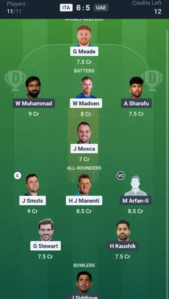 ITA VS UAE Dream11 Prediction Grand League Team