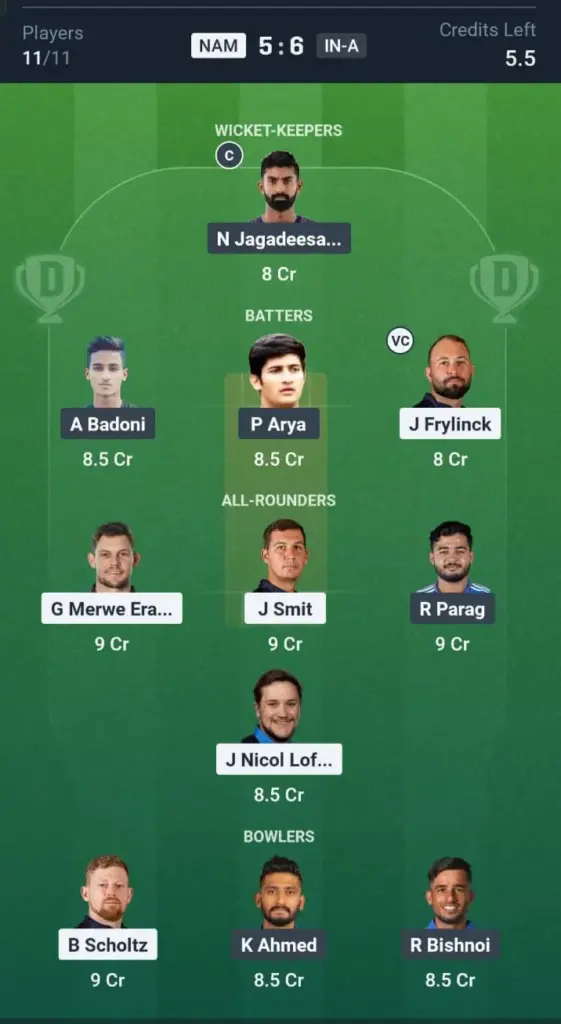 NAM VS IN-A Dream11 Prediction Grand League Team