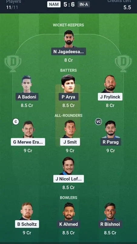 NAM vs IN-A Dream11 Prediction Small League Team