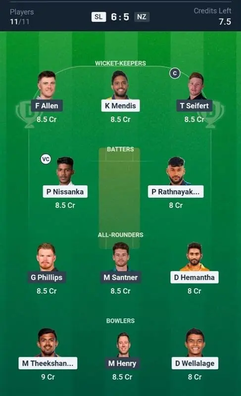 NZ VS SL Dream11 Prediction Grand League Team