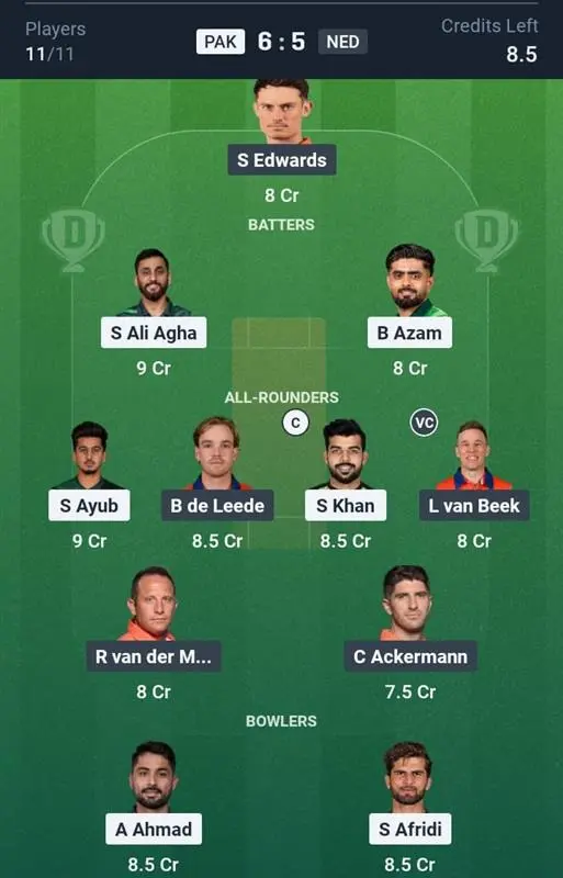 PAK vs NED Dream11 Prediction Small League Team