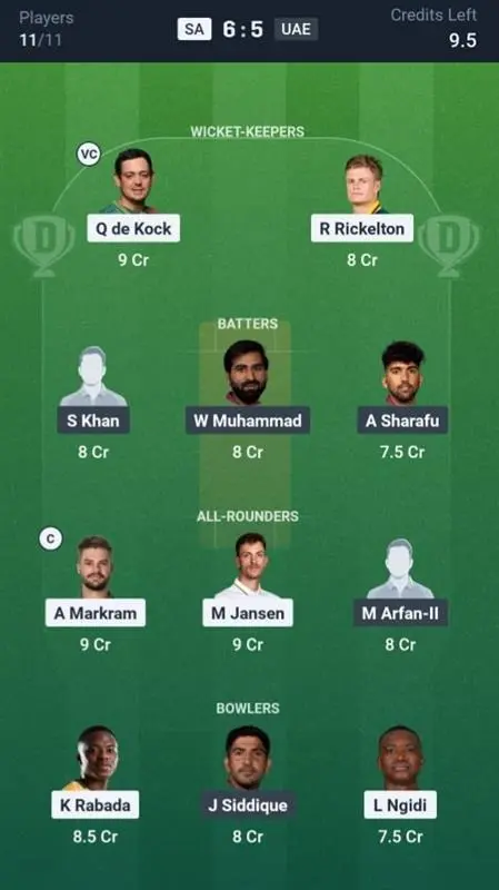 SA VS UAE Dream11 Prediction Grand League Team