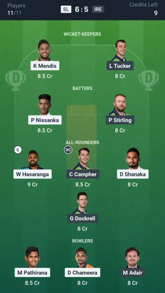 SL VS IRE Dream11 Prediction Grand League Team