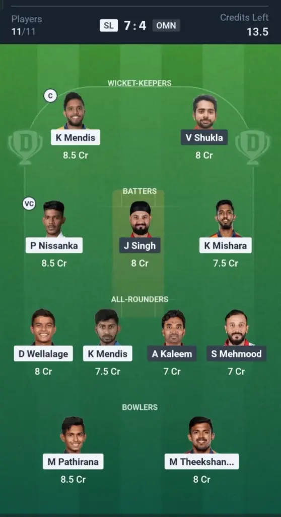 SL VS OMN Dream11 Prediction Grand League Team