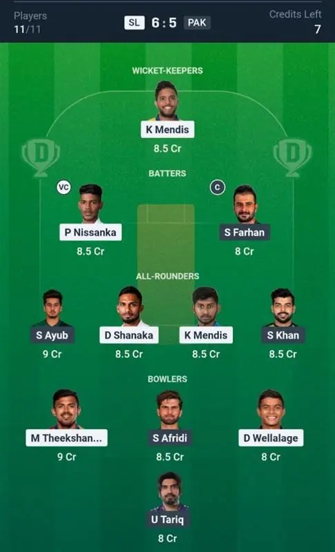 SL VS PAK Dream11 Prediction Grand League Team