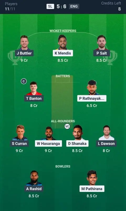 SL vs ENG Dream11 Prediction Small League Team