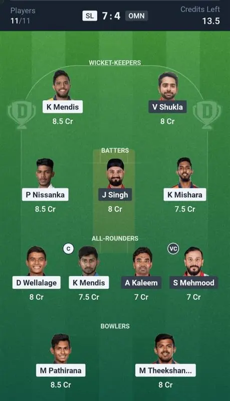 SL vs OMN Dream11 Prediction Small League Team