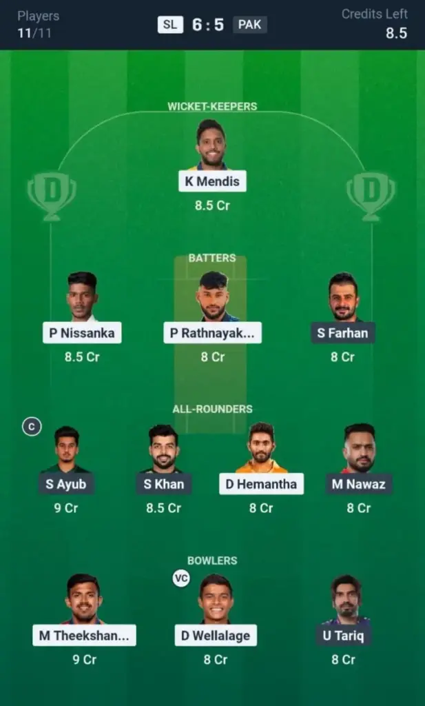 SL vs PAK Dream11 Prediction Small League Team