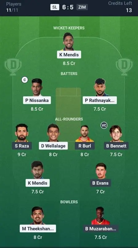SL vs ZIM Dream11 Prediction Small League Team