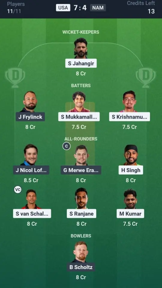 USA VS NAM Dream11 Prediction Grand League Team