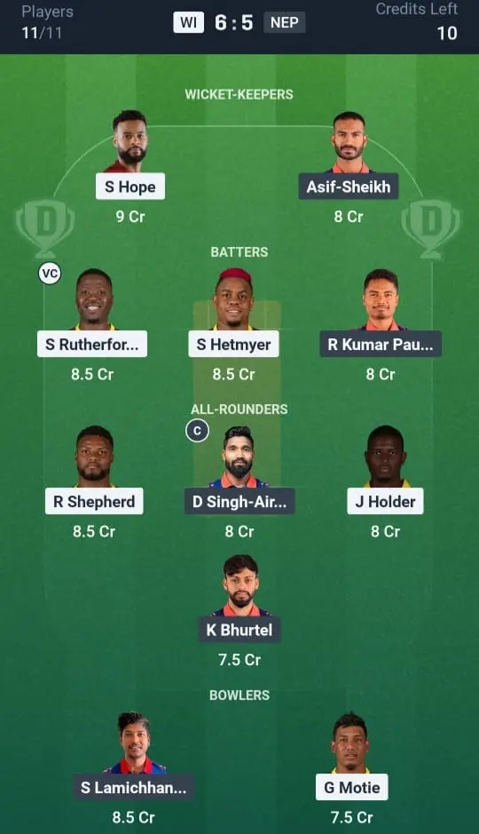 WI vs NEP Dream11 Prediction Small League Team