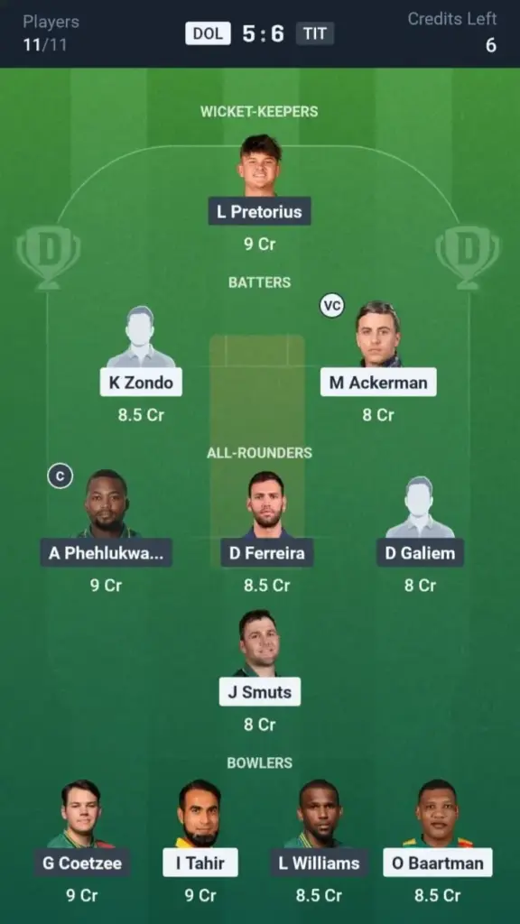 DOL VS TIT Dream11 Prediction Small League Team