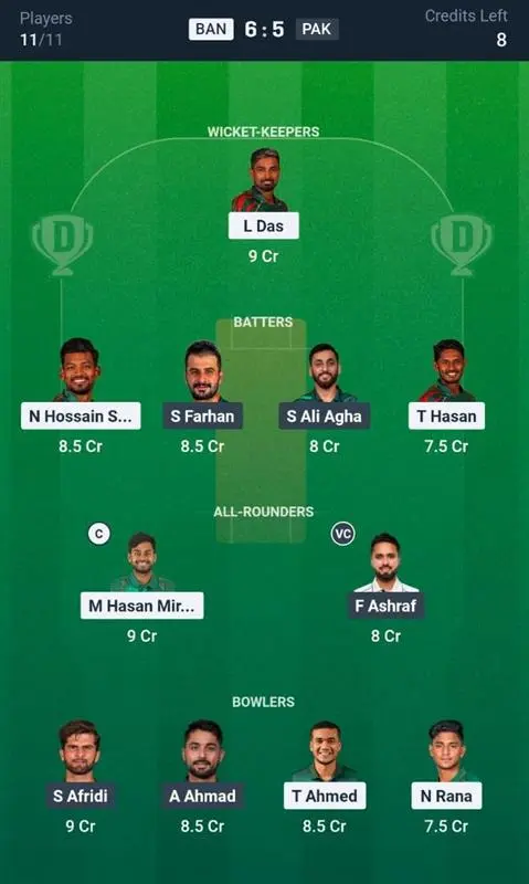 BAN VS PAK Dream11 Prediction Grand League Team: 