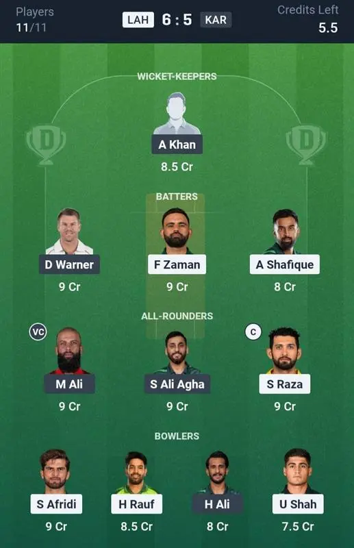LAH VS KAR Dream11 Prediction Grand League Team: 