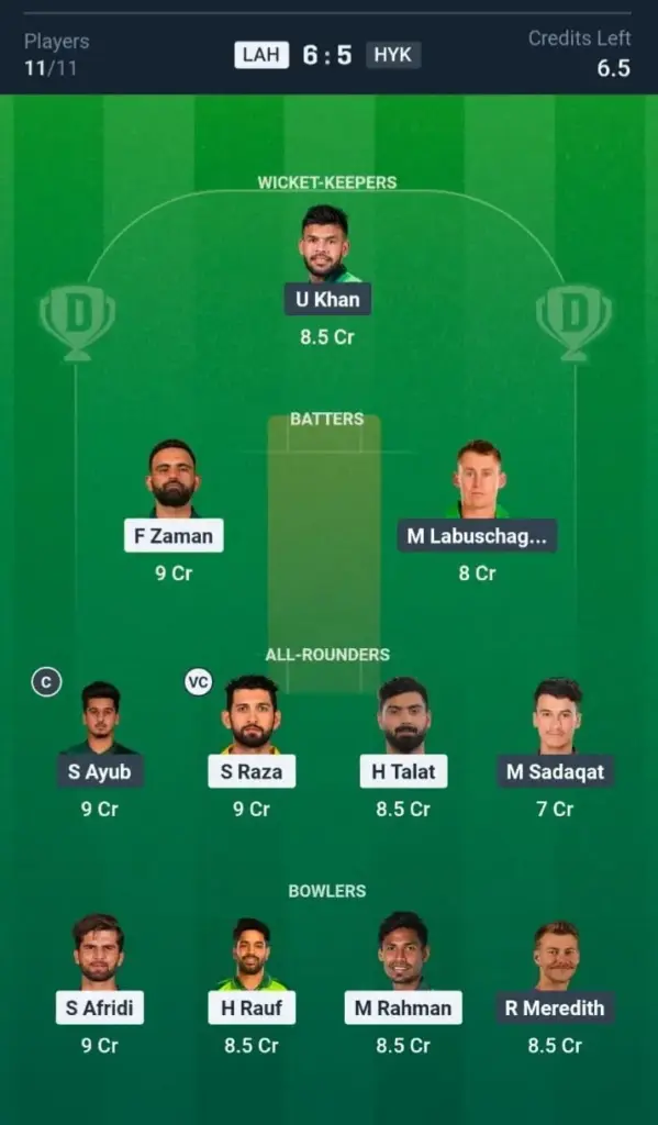 LAH VS HYK Dream11 Prediction Grand League Team