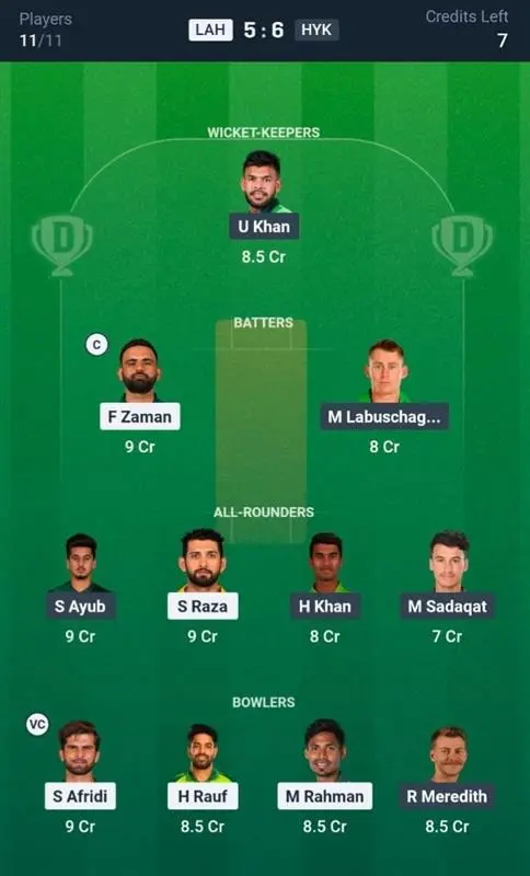 LAH VS HYK Dream11 Prediction Small League Team