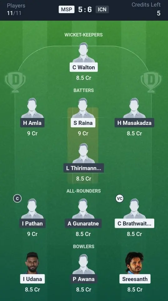 MSP VS ICN Dream11 Prediction Grand League Team
