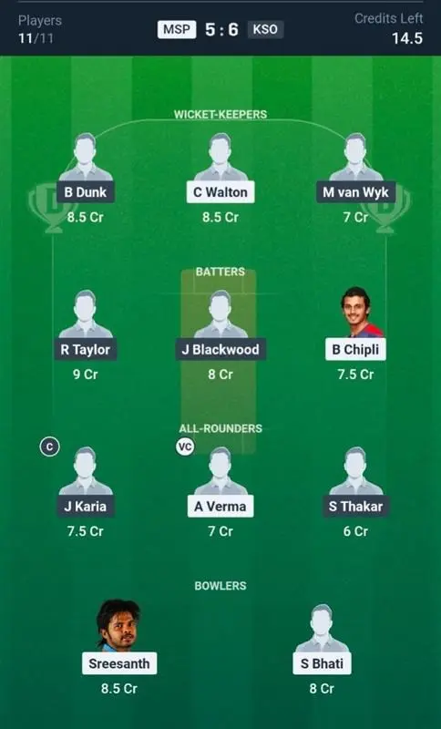 MSP VS KSO Dream11 Prediction Grand League Team