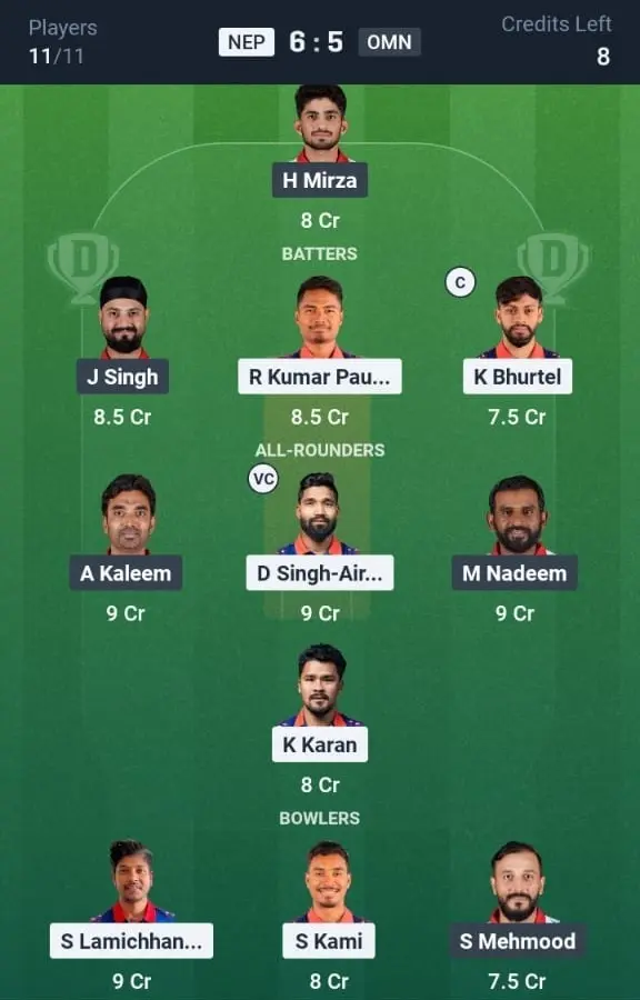 NEP VS OMN Dream11 Prediction Grand League Team