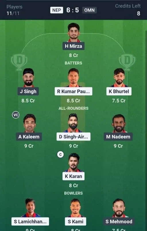 NEP vs OMN Dream11 Prediction Small League Team