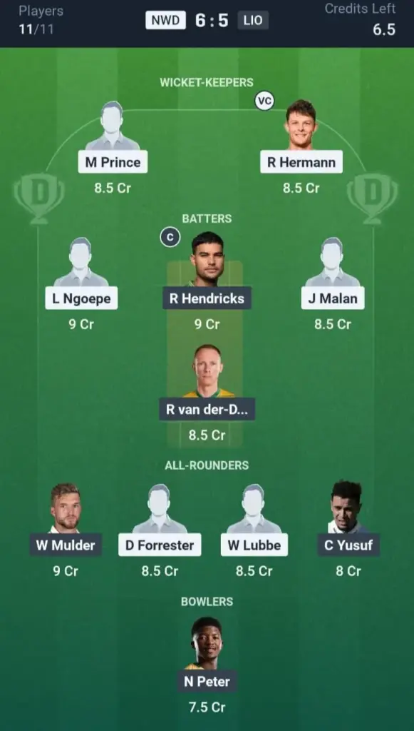NWD VS LIO Dream11 Prediction Grand League Team