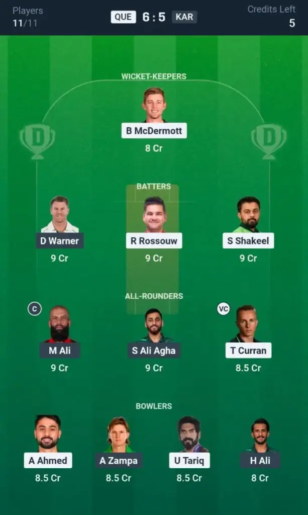 QUE VS KAR Dream11 Prediction Grand League Team