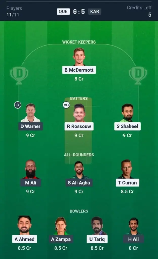 QUE VS KAR Dream11 Prediction Small League Team