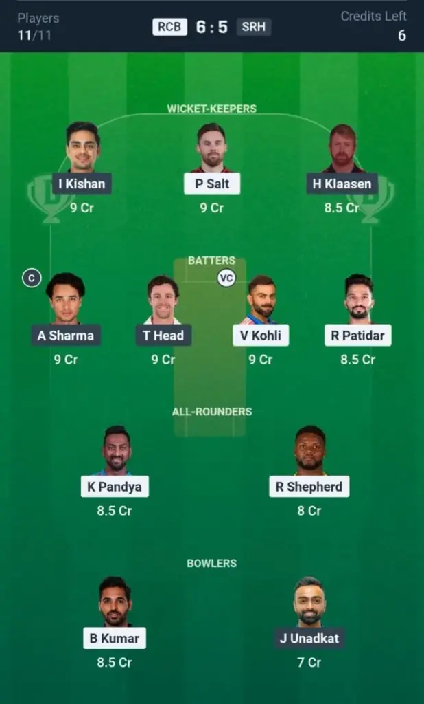 RCB VS SRH Dream11 Prediction Grand League Team
