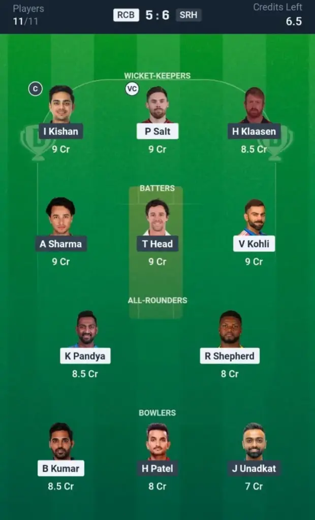 RCB VS SRH Dream11 Prediction Small League Team