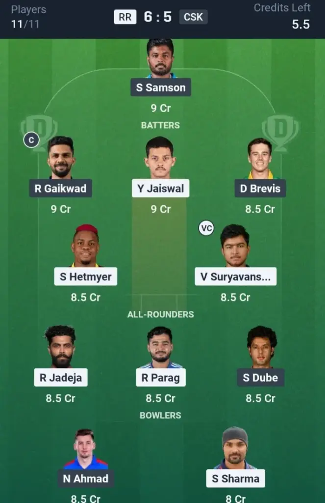 RR VS CSK Dream11 Prediction Small League Team