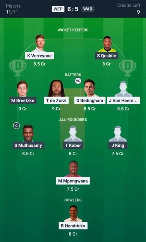 WEP VS WAR Dream11 Prediction Small League Team