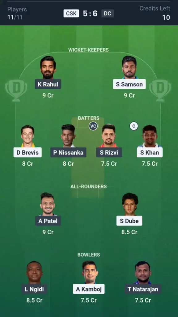 CHE vs DEL Dream11 Prediction Small League Team