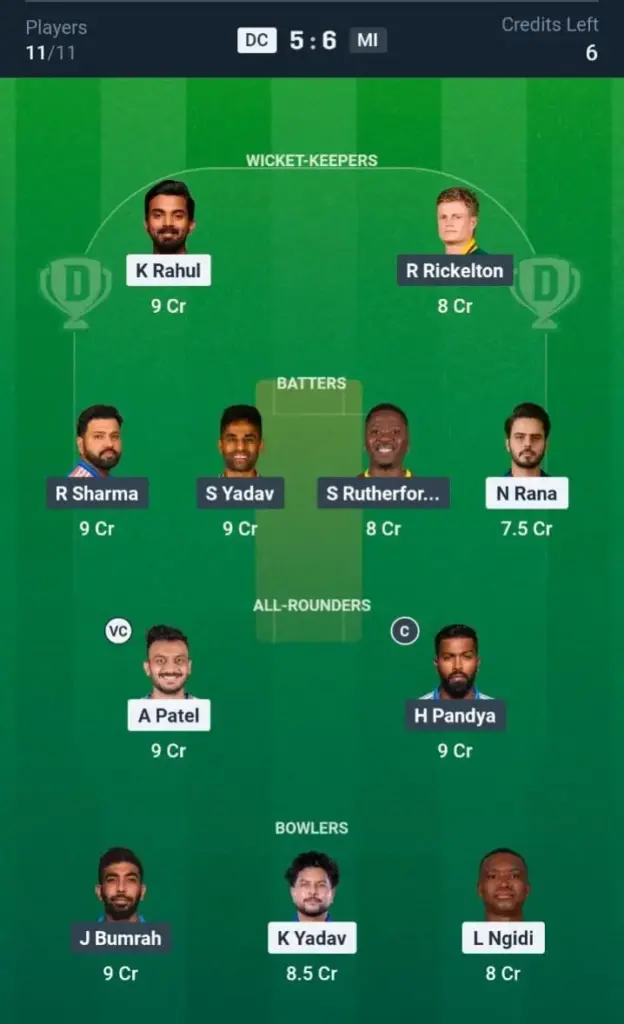 DC VS MI Dream11 Prediction Grand League Team