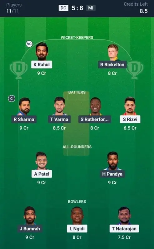 DC VS MI Dream11 Prediction Small League Team