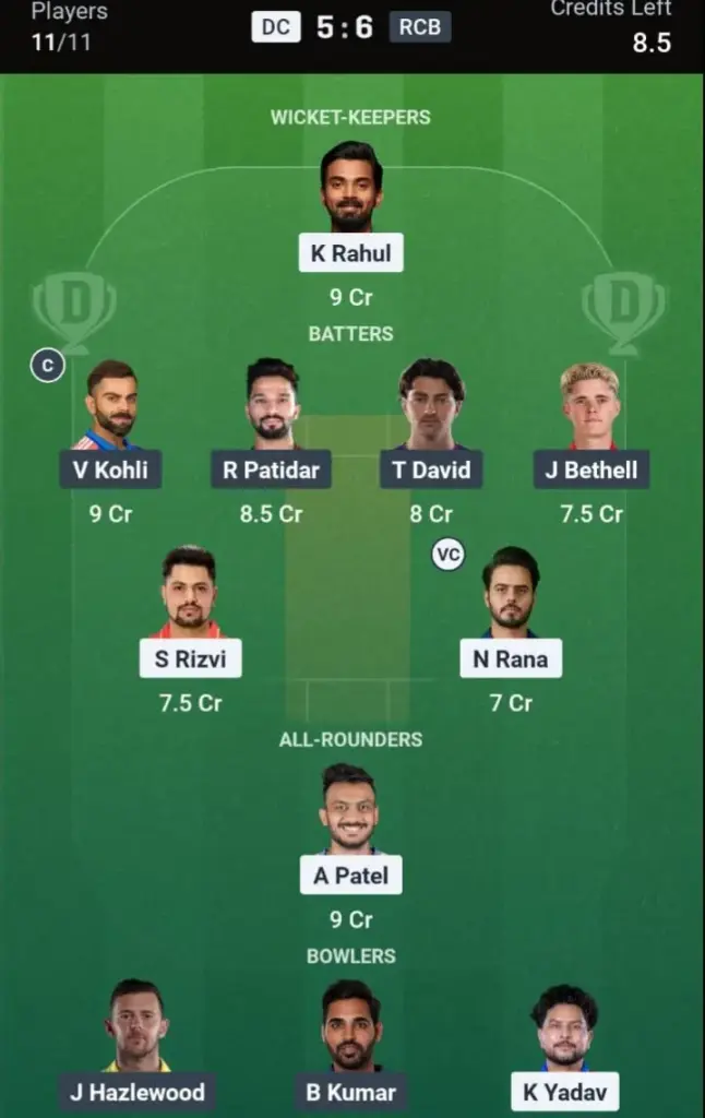 DC VS RCB Grand League Team  