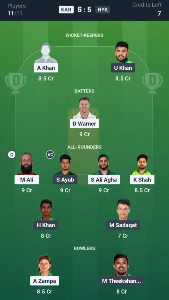 KAR VS HYK Dream11 Prediction Grand League Team