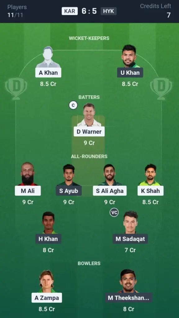 KAR VS HYK Dream11 Prediction Small League Team