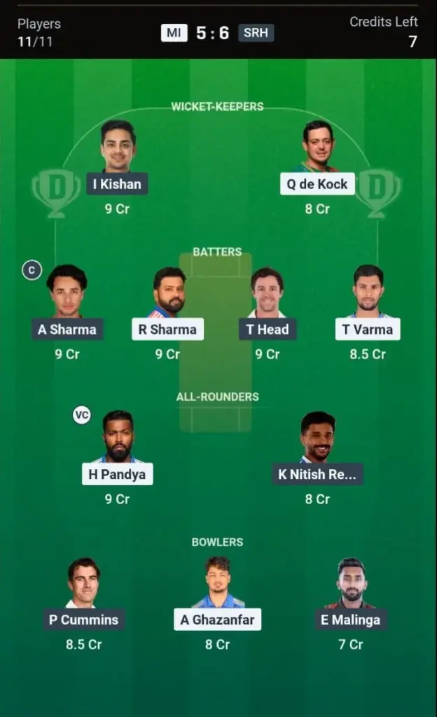 MI VS SRH Dream11 Prediction Grand League Team