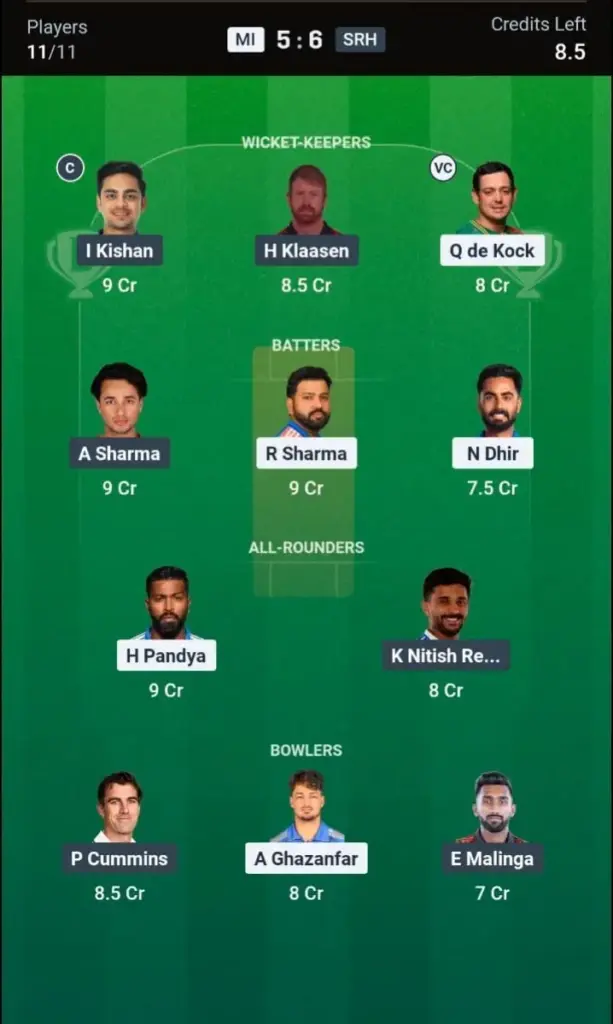 MI VS SRH Dream11 Prediction Small League Team