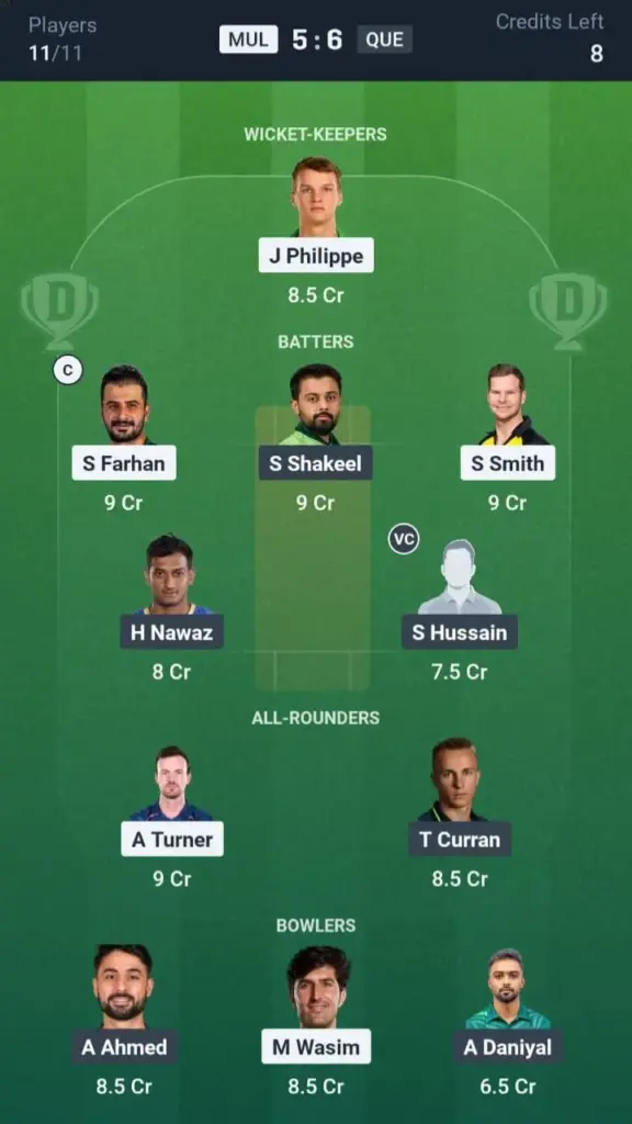 MUL VS QUE Dream11 Prediction Small League Team