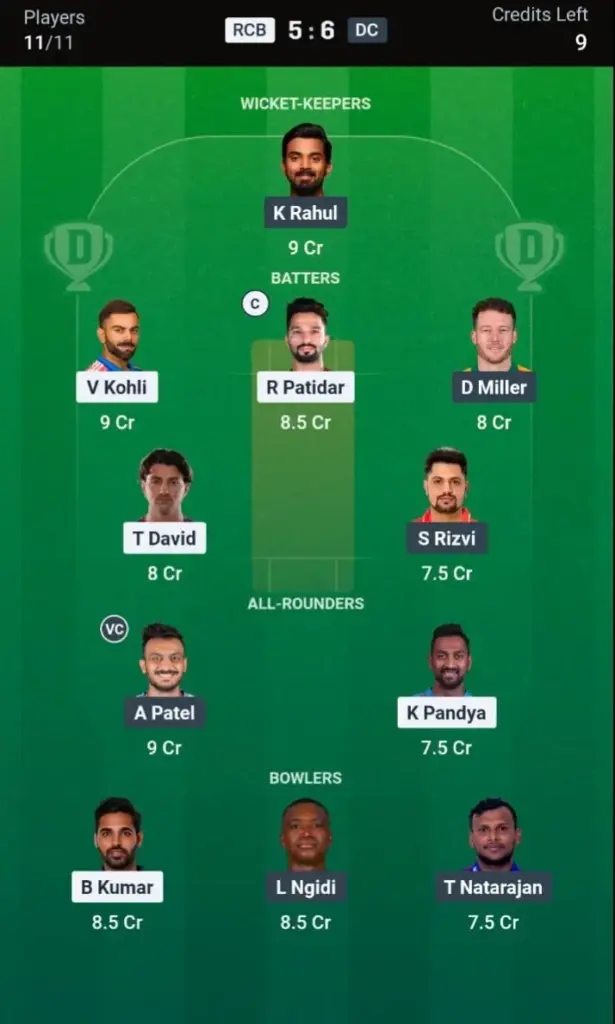 BLR vs DEL Dream11 Prediction Grand League Team