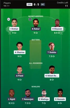 SRH VS DC Grand League Team
